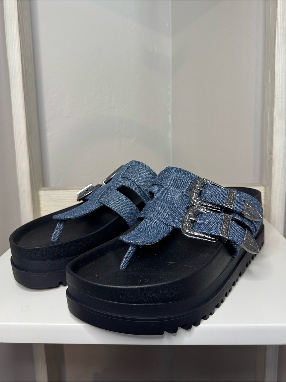 D’Amelio Black Denim Buckle Thong Sandals
